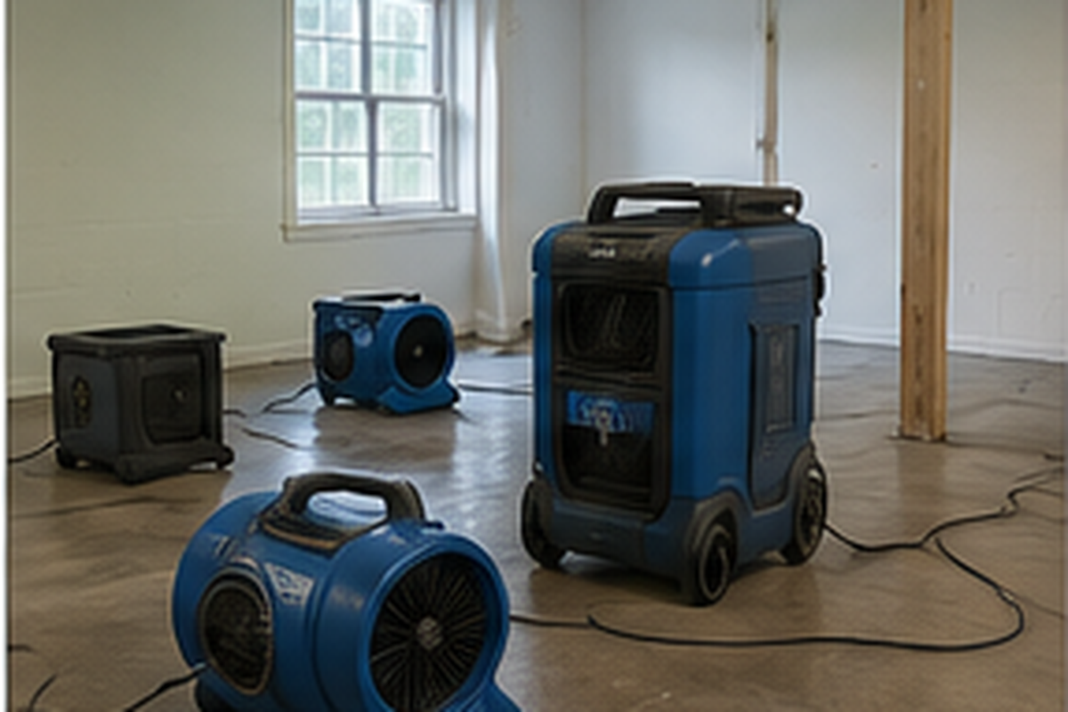 Air movers and a dehumidifier drying a rural Cokato-area home after water removal